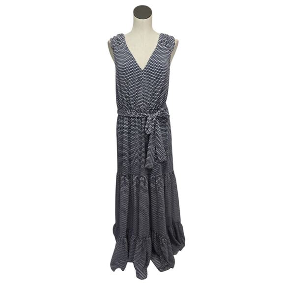 AVEC LES FILLES Navy Blush Polka Dot Flounce‎ Tiered Ruffle Maxi Dress Size 14 - Picture 1 of 10